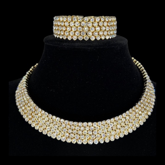 Gold Tone Rhinestone Collar Choker Cuff Necklace and Matching Cuff Bracelet - Picture 6 of 6